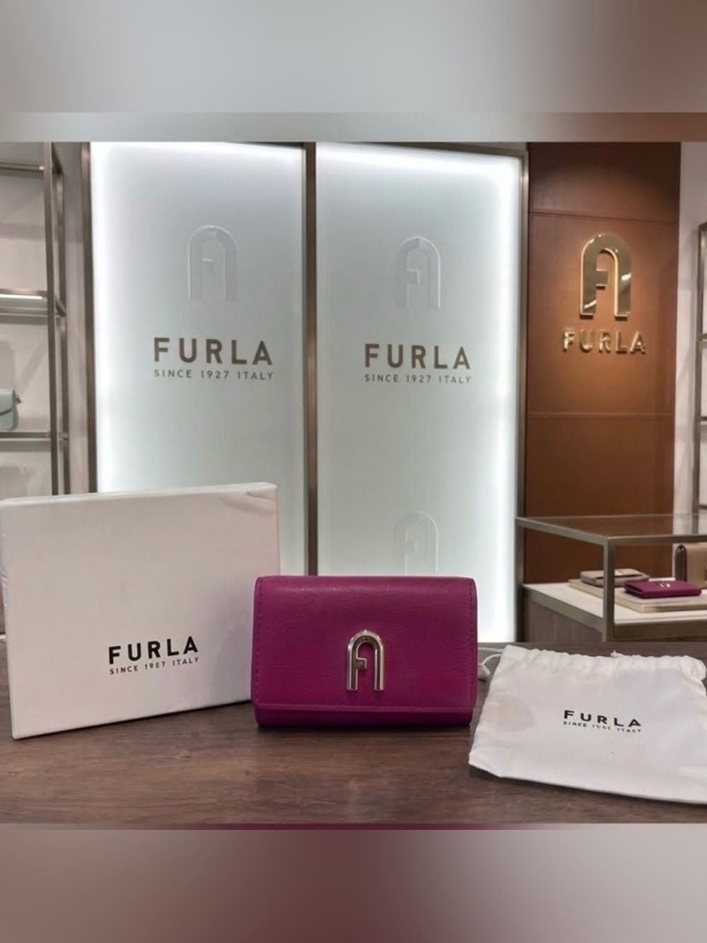 Furla Fuchsia Leather Mini Wallet with Silver Logo includes box and dusty